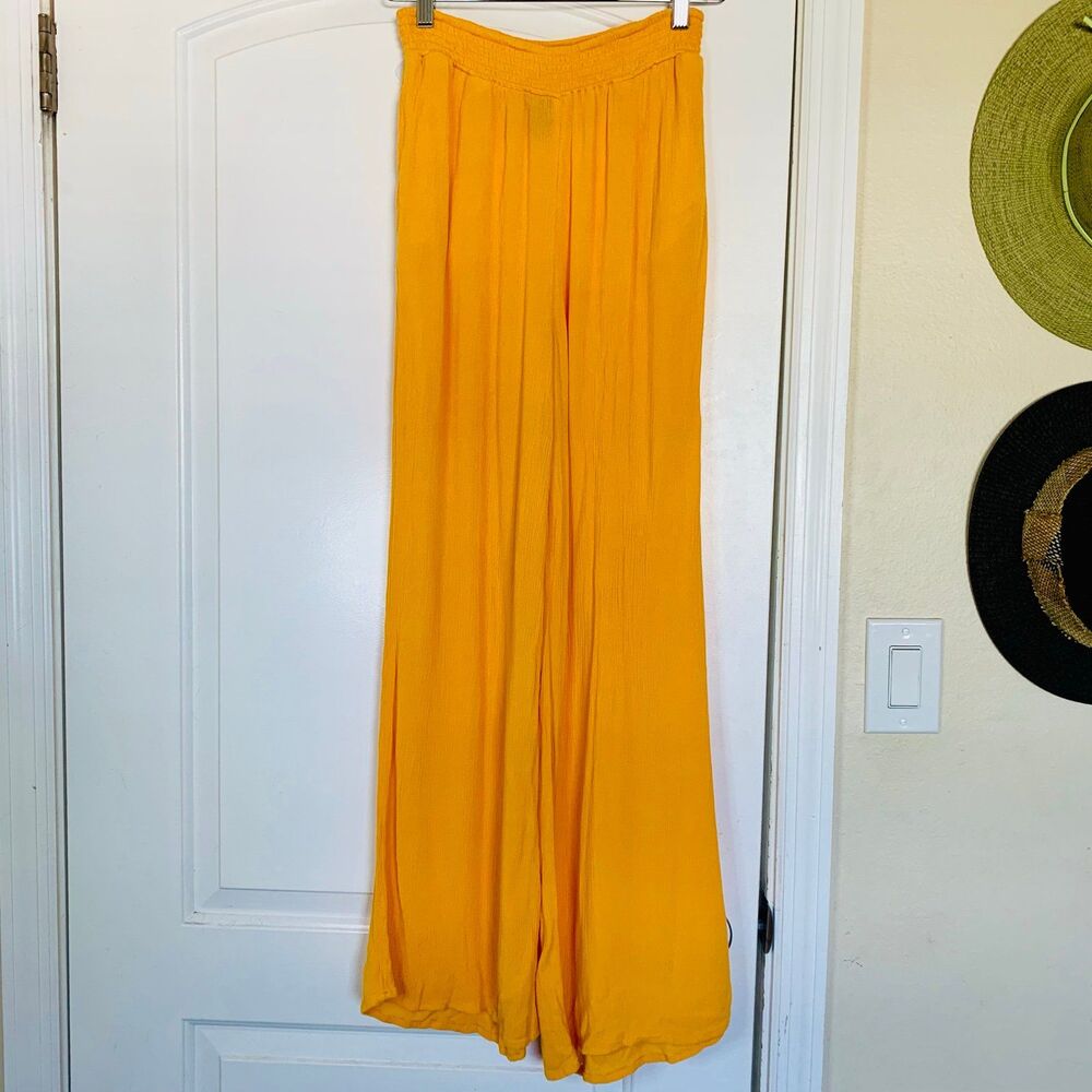 Forever 21 Golden Yellow Flowy High Waisted Linen Pants (Swim Coverup Bottoms) L